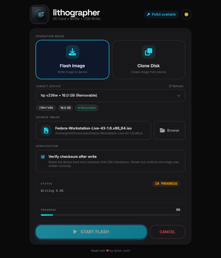 Lithographer desktop app — flash mode with device selected and write in progress